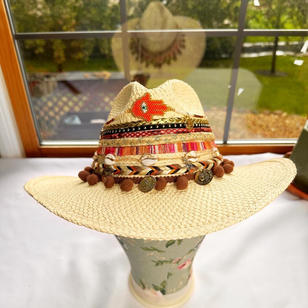 Handmade Colombian Straw Hat | Jeweled Evil Eye Charms  NWT  Boho Festival Beac